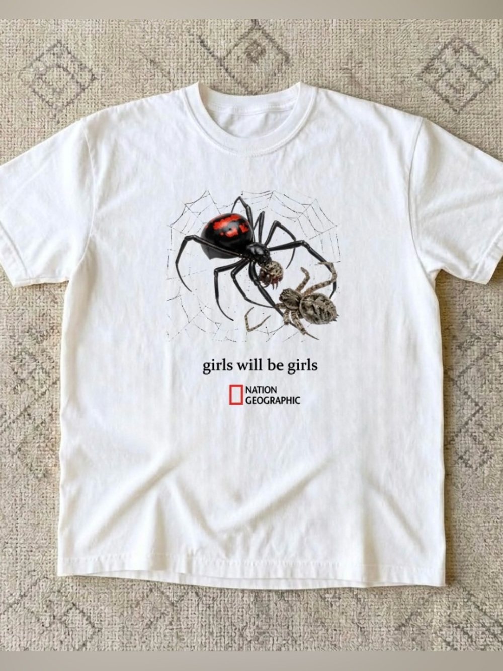 National Geographic Girls Will Be Girls White Graphic Tee with Spider print